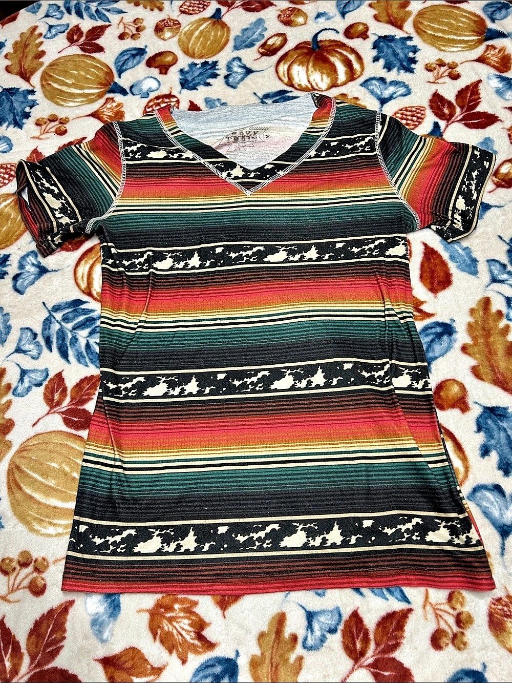 Crazy Train Multicolor Striped V-Neck Tee with Black & White Cow Stripe Black &